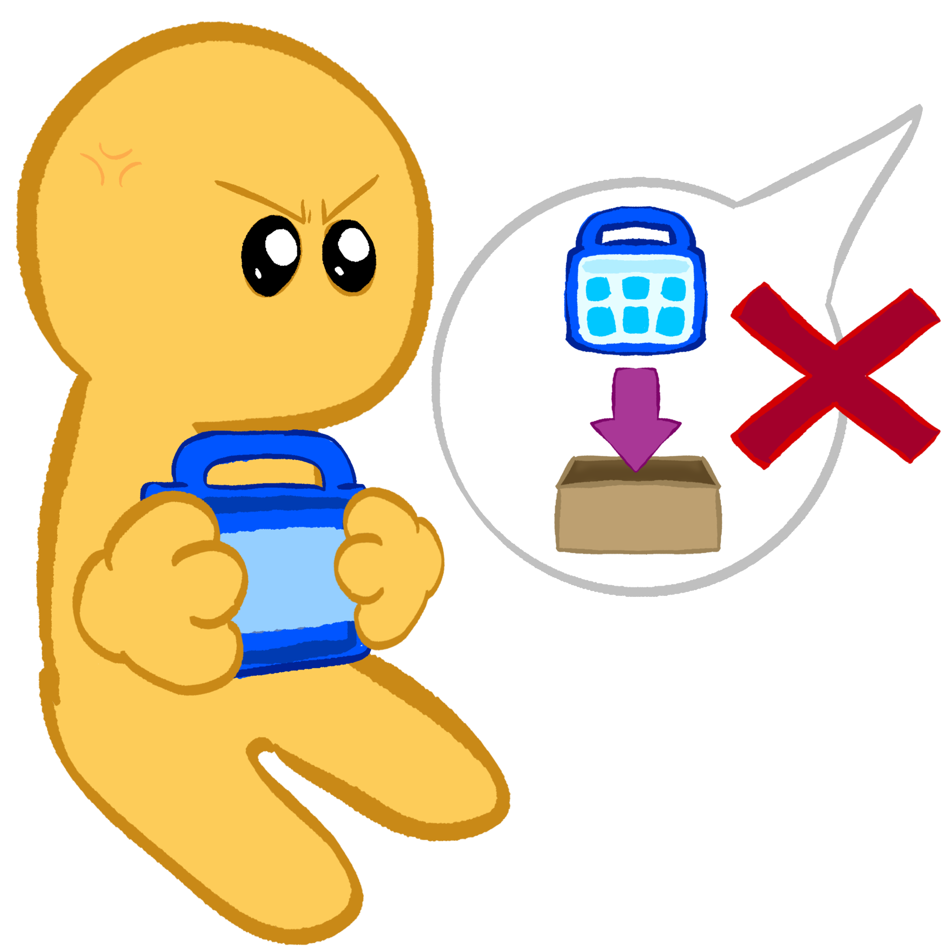 A frustrated yellow person holding their blue aac device close to them. Coming offscreen is a speech bubble. Inside that bubble is a blue aac device over a brown box, and a purple arrow pointing from the AAC to the box. On top of the speech bubble is a red X.